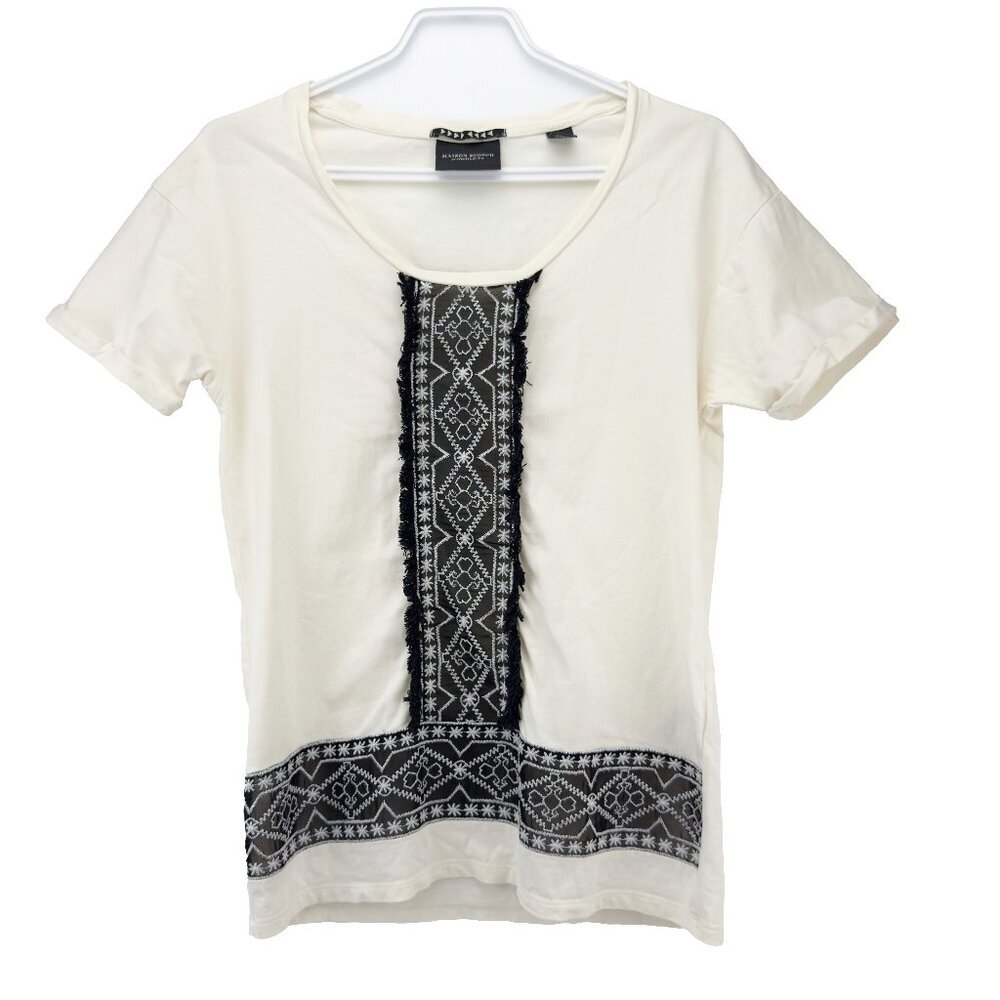 MAISON SCOTCH Sheer Mesh Embroided Boho Fringes Black White Cotton T-Shirt‎ S